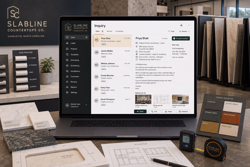 Slabline Countertops Co. response system showing the customer journey and the team's next action