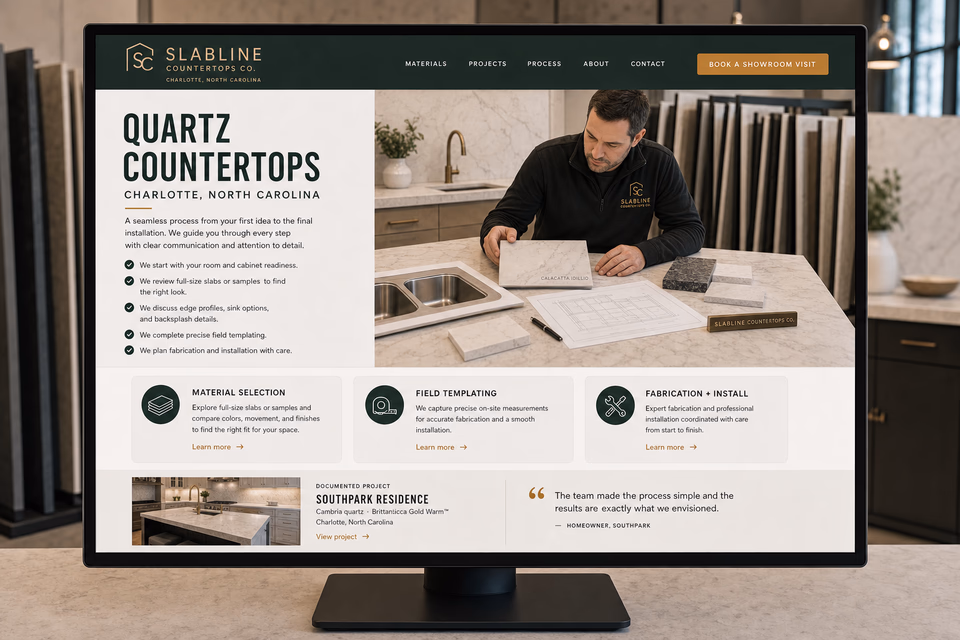 Slabline Countertops Co. customer-facing service page with clear local service details, proof, and a direct request path