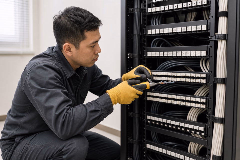 Data technician terminating organized network cable into a blank patch panel.