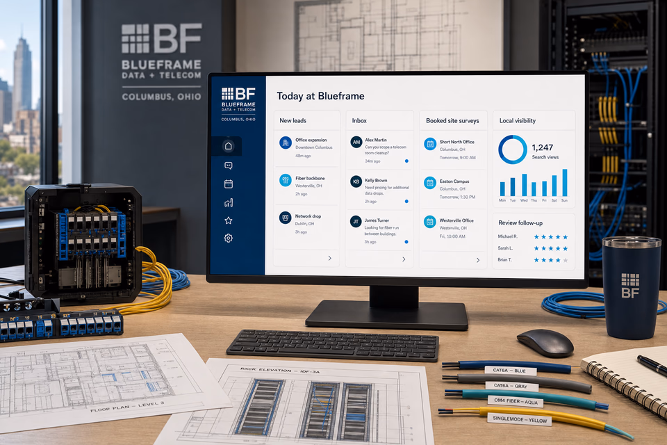 Blueframe Data + Telecom operations dashboard with current leads, scheduling, service activity, local visibility, and customer reviews