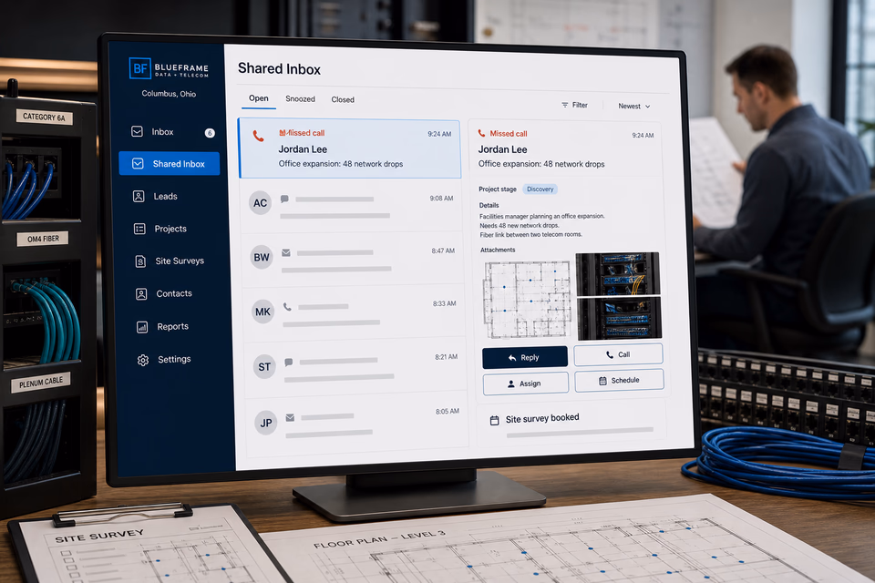 Blueframe Data + Telecom response system showing the customer journey and the team's next action