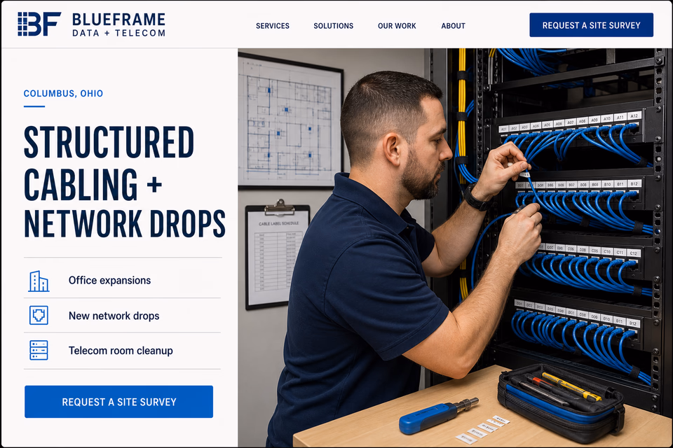 Blueframe Data + Telecom customer-facing service page with clear local service details, proof, and a direct request path