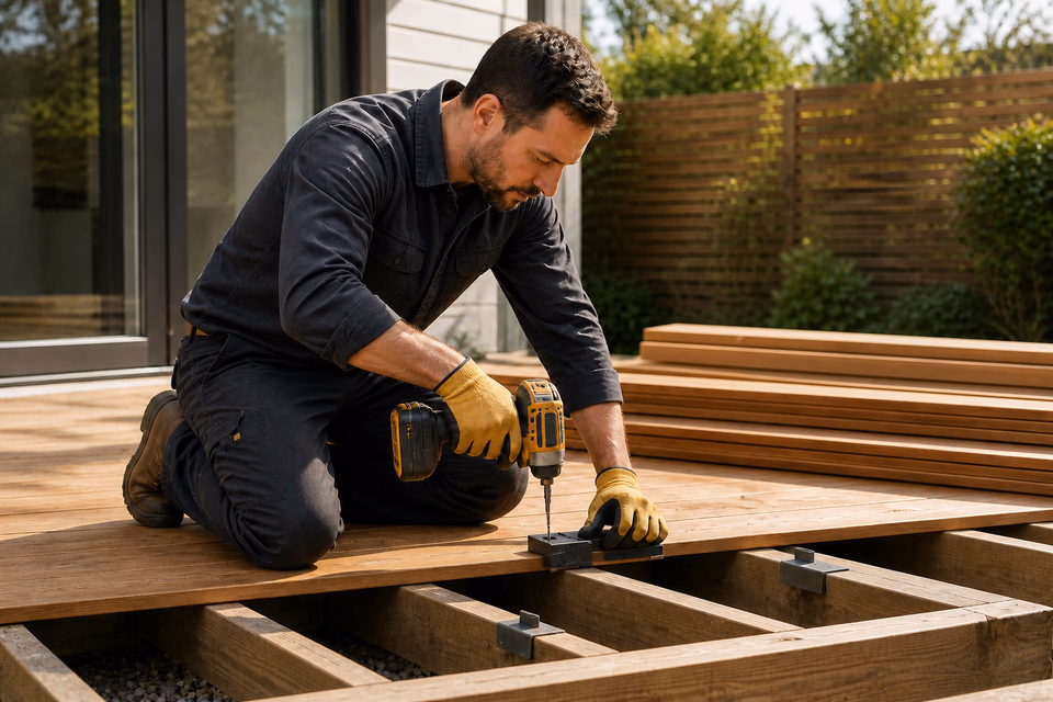 Carpenter fastens a wood deck board to exposed joists with an impact driver.