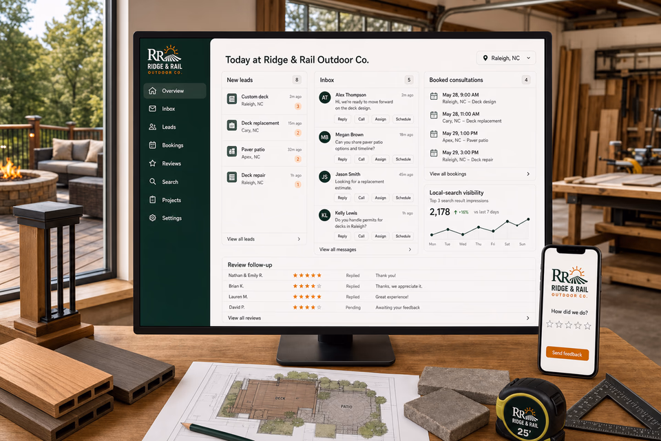 Ridge & Rail Outdoor Co. operations dashboard with current leads, scheduling, service activity, local visibility, and customer reviews