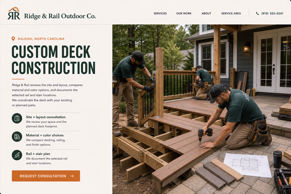 Ridge & Rail Outdoor Co. customer-facing service page with clear local service details, proof, and a direct request path