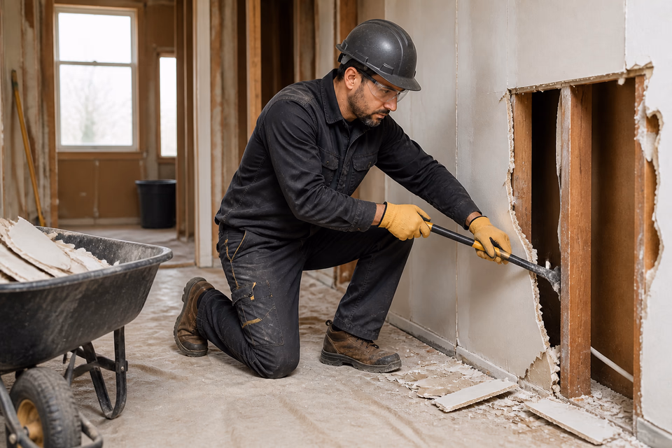 Selective-demolition worker removing drywall with a pry bar in a controlled interior.
