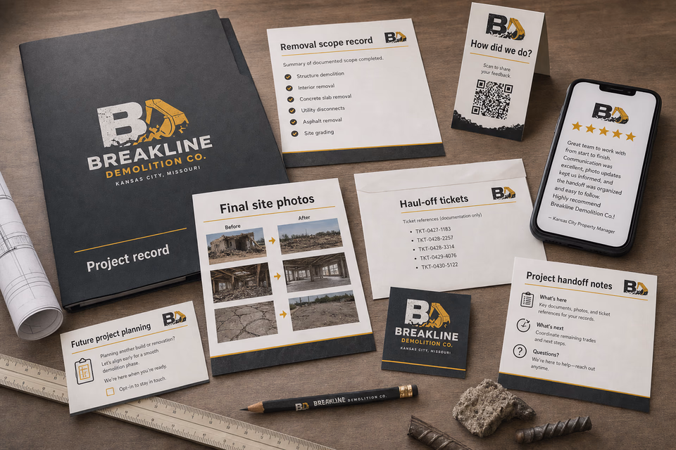 Breakline Demolition Co. retention system showing the customer journey and the team's next action
