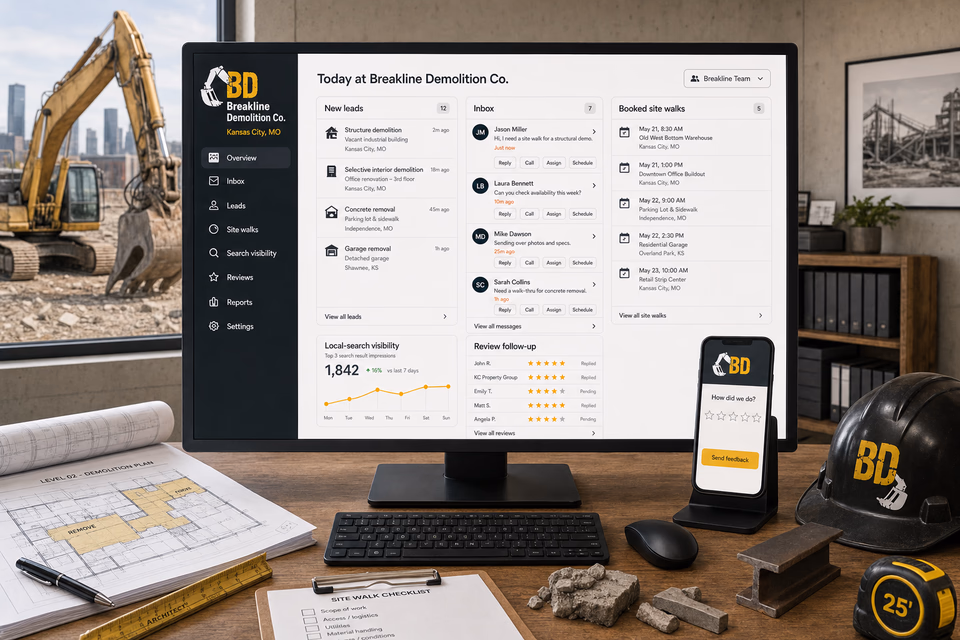 Breakline Demolition Co. operations dashboard with current leads, scheduling, service activity, local visibility, and customer reviews