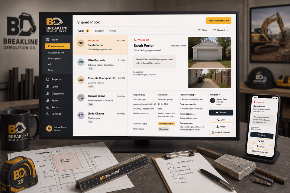 Breakline Demolition Co. response system showing the customer journey and the team's next action