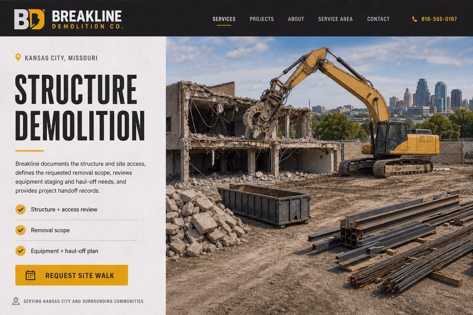 Breakline Demolition Co. customer-facing service page with clear local service details, proof, and a direct request path