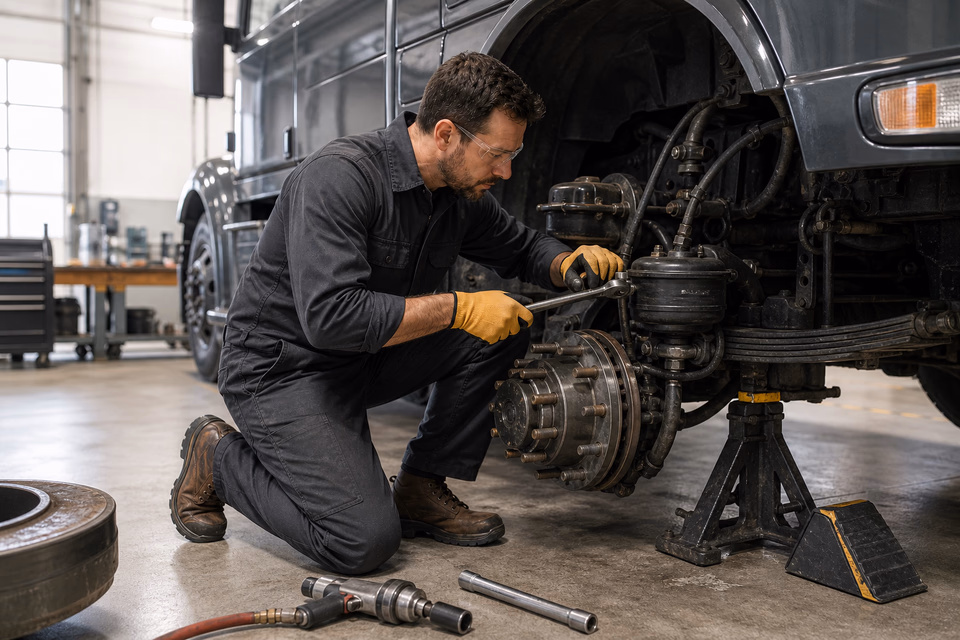 Diesel mechanic servicing the brake and suspension of a supported fleet truck.