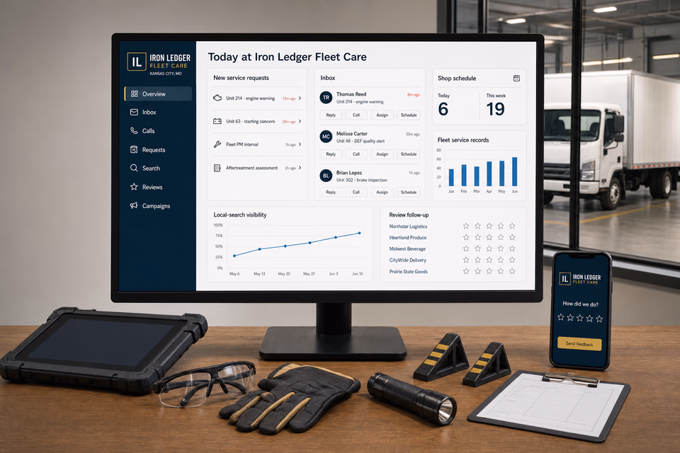 Iron Ledger Fleet Care operations dashboard with current leads, scheduling, service activity, local visibility, and customer reviews