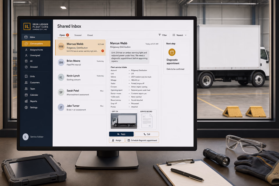 Iron Ledger Fleet Care response system showing the customer journey and the team's next action