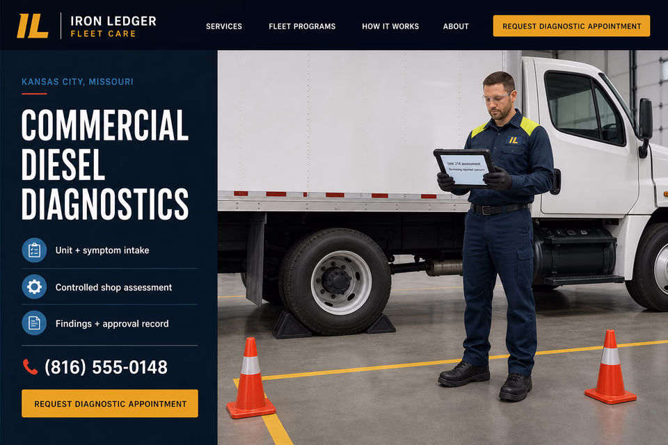 Iron Ledger Fleet Care customer-facing service page with clear local service details, proof, and a direct request path