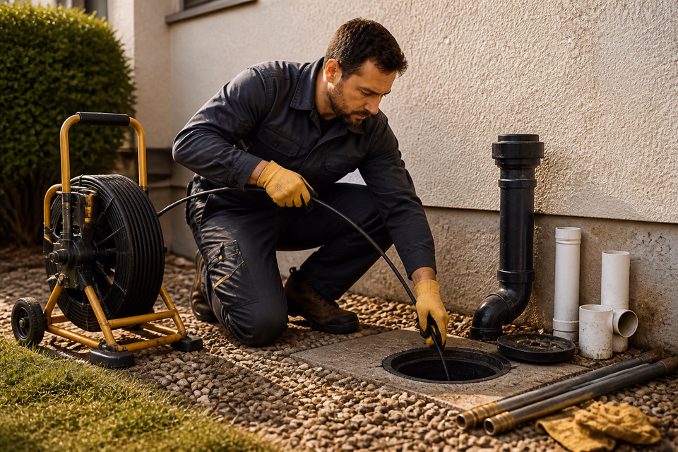 Drain technician feeds an inspection cable into an exterior sewer cleanout.