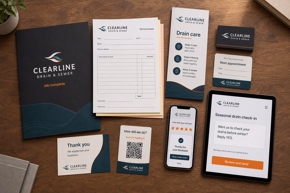 Clearline Drain and Sewer job closeout with invoice, drain-care guide, feedback card, five-star survey, and seasonal customer message