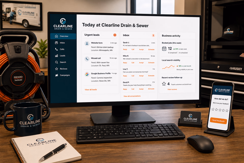 Clearline Drain and Sewer operating dashboard showing urgent leads, active customer conversations, local search, and review follow-up
