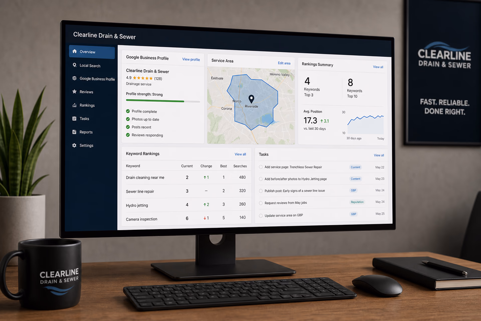 Clearline Drain and Sewer local search dashboard with service area, Google Business Profile, keyword movement, and content tasks