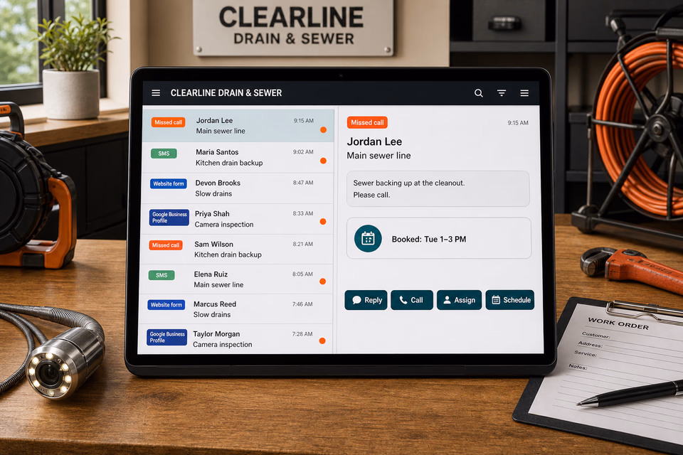 Busy Clearline Drain and Sewer inbox showing missed calls, texts, website forms, Google Business Profile leads, quick actions, and a booked visit