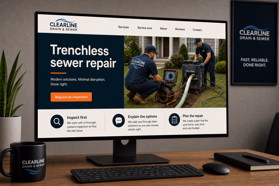 Clearline Drain and Sewer trenchless sewer repair page with a crew at work, clear service details, and an inspection request