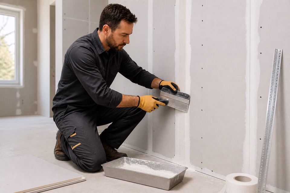 Drywall finisher smooths joint compound over a taped gypsum-board seam.