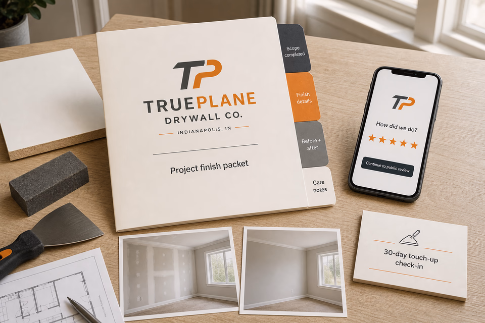 Trueplane Drywall Co. retention system showing the customer journey and the team's next action
