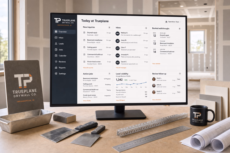 Trueplane Drywall Co. operations dashboard with current leads, scheduling, service activity, local visibility, and customer reviews