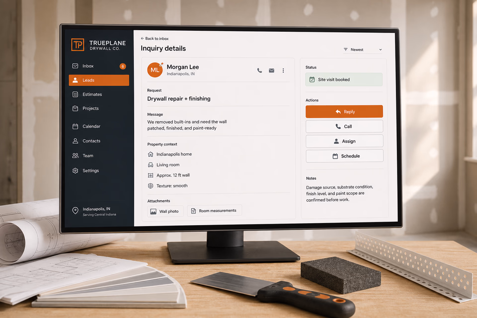 Trueplane Drywall Co. response system showing the customer journey and the team's next action