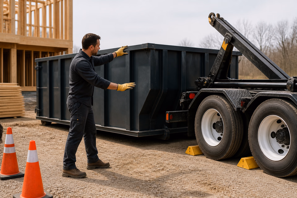Dumpster-rental driver positioning an empty roll-off container at a jobsite.