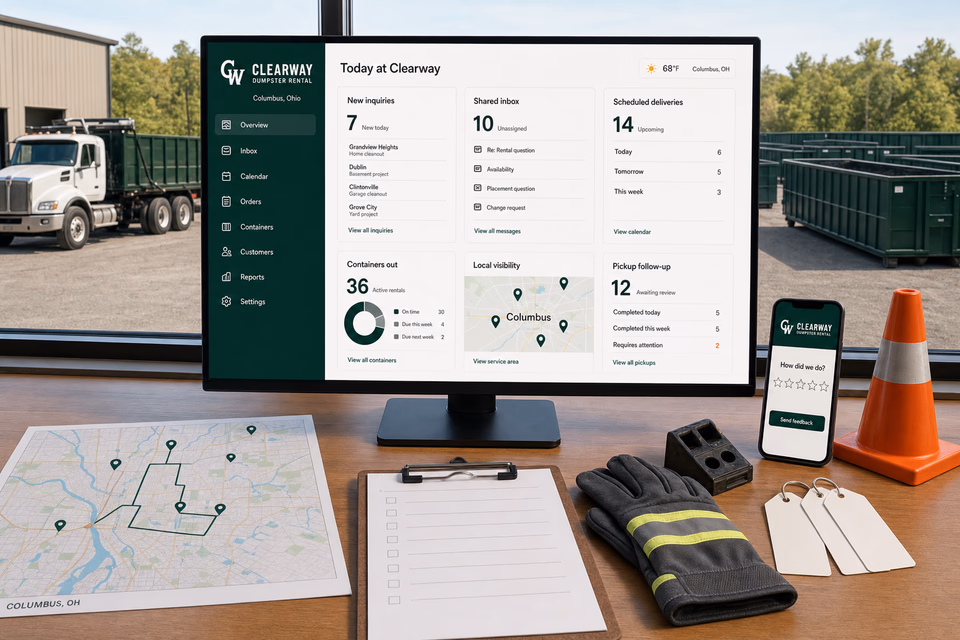 Clearway Dumpster Rental operations dashboard with current leads, scheduling, service activity, local visibility, and customer reviews