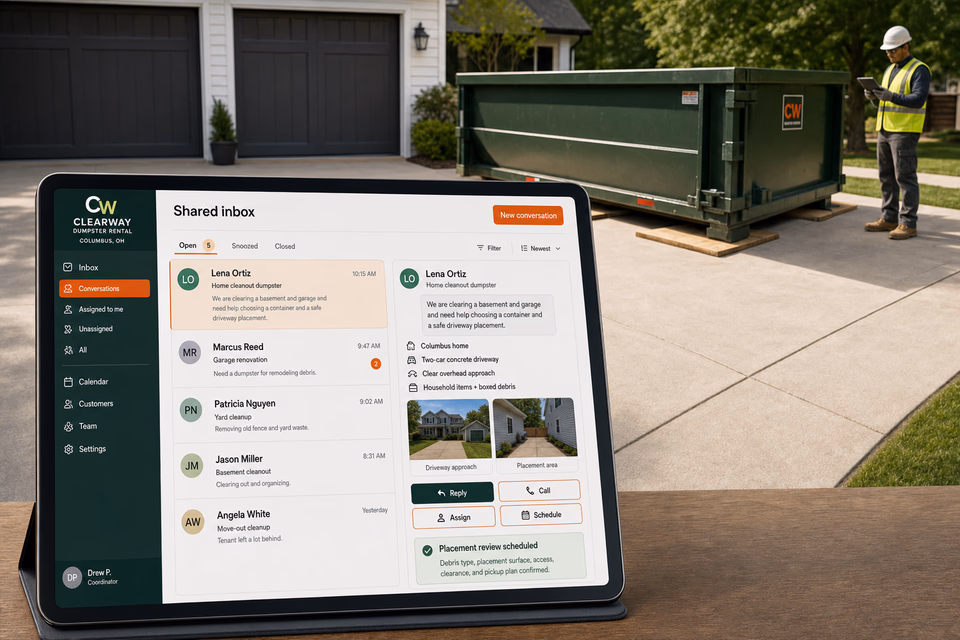 Clearway Dumpster Rental response system showing the customer journey and the team's next action