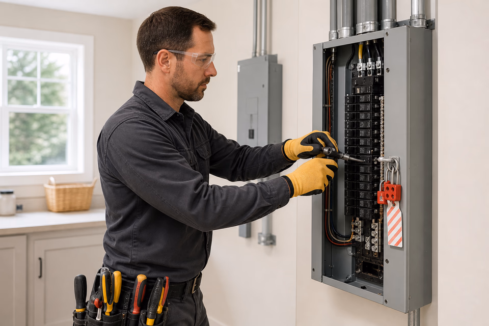 Electrician inspecting a de-energized breaker panel in a bright utility room.