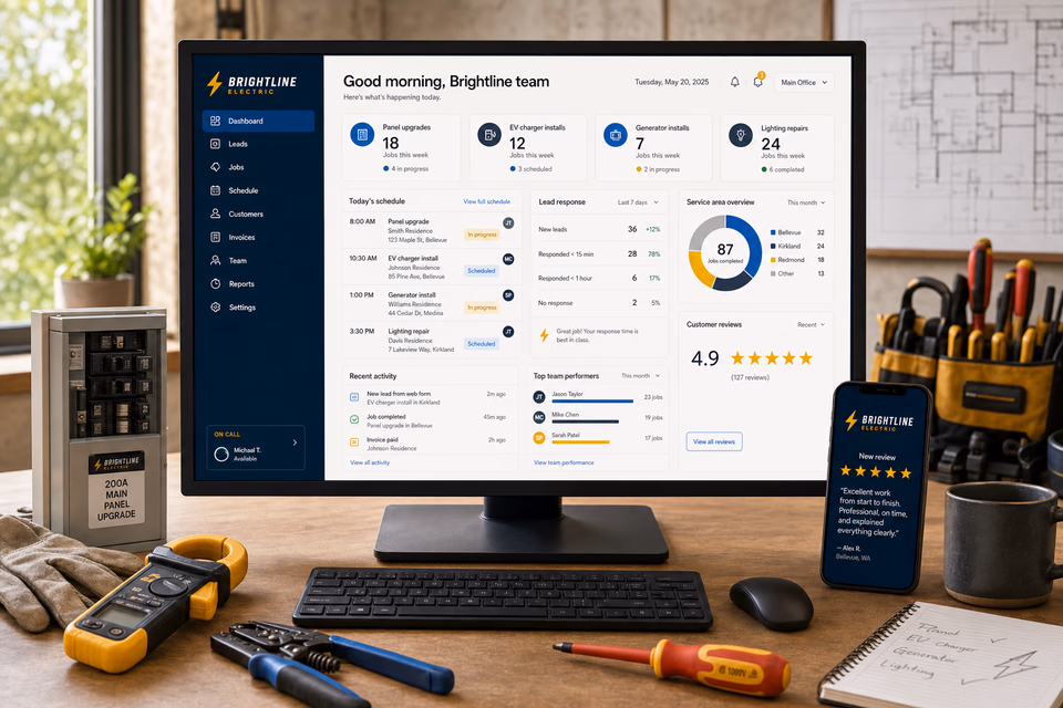 Brightline Electric operations dashboard with current leads, scheduling, service activity, local visibility, and customer reviews