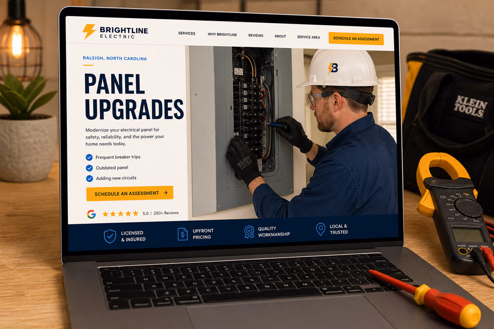 Brightline Electric customer-facing service page with clear local service details, proof, and a direct request path