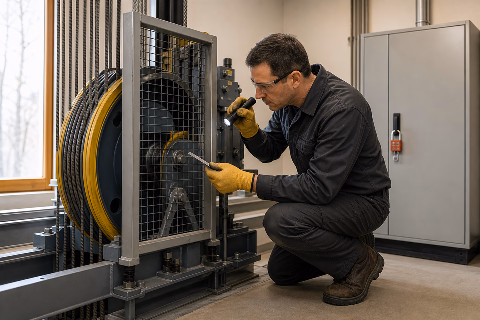 Elevator technician inspecting a guarded traction machine in a locked-out machine room.