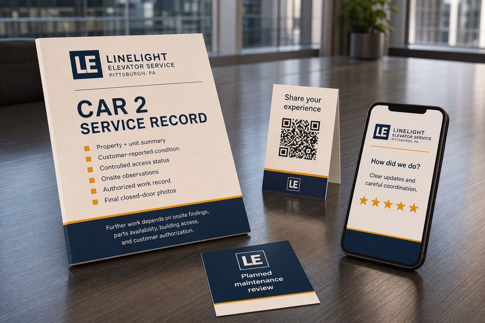 Linelight Elevator Service retention system showing the customer journey and the team's next action