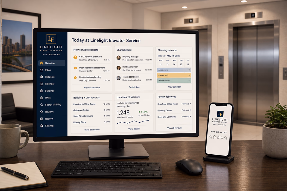 Linelight Elevator Service operations dashboard with current leads, scheduling, service activity, local visibility, and customer reviews
