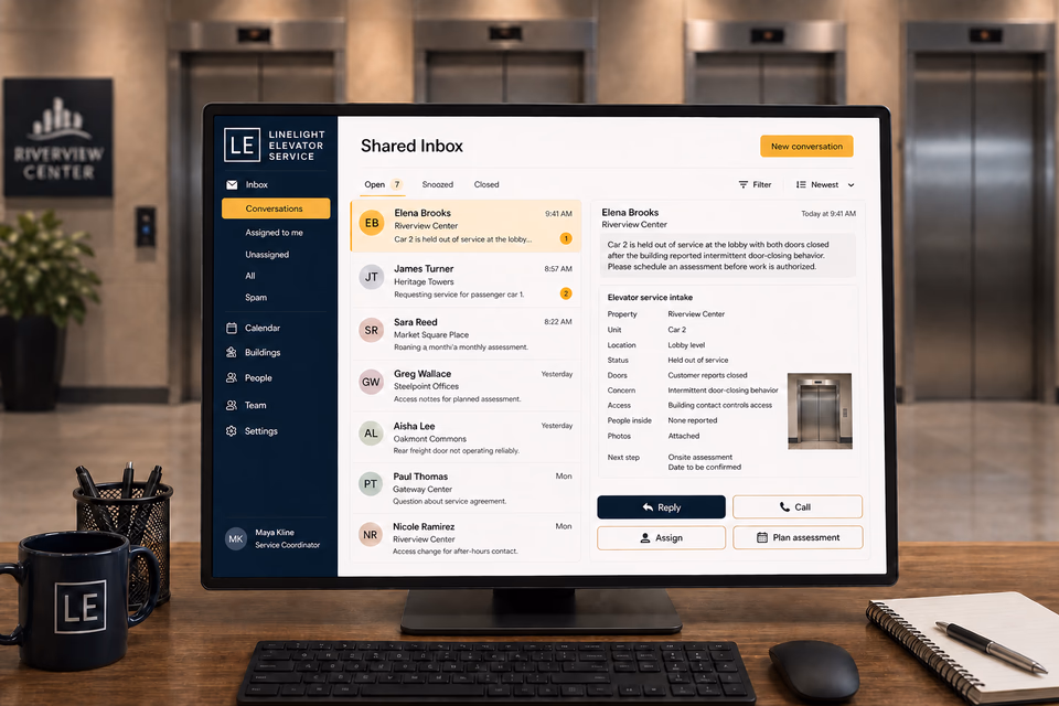 Linelight Elevator Service response system showing the customer journey and the team's next action