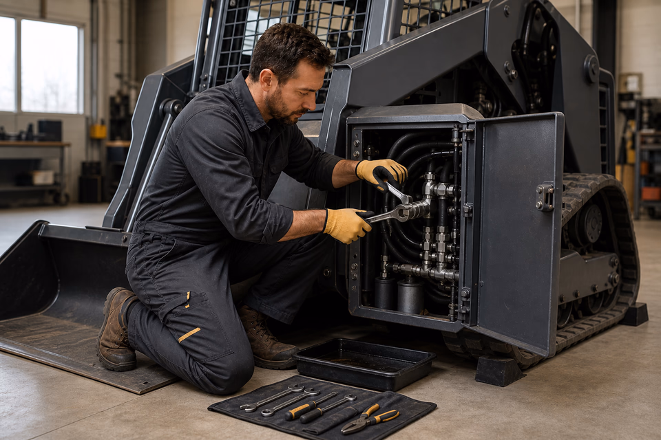 Equipment mechanic services hydraulic couplings on a parked compact track loader.