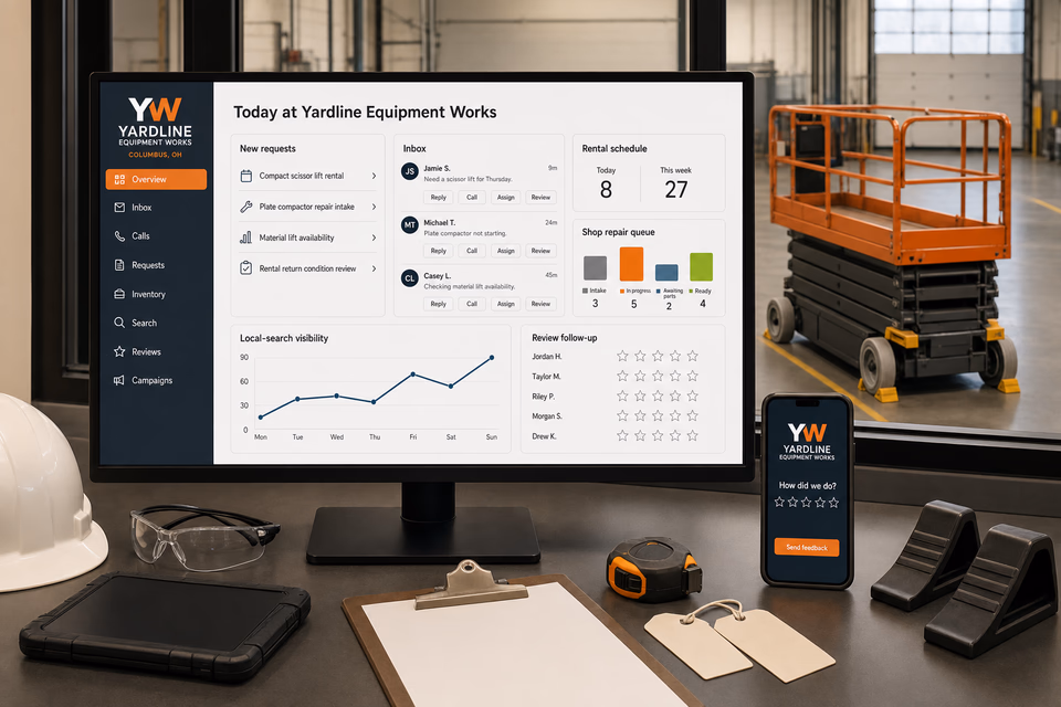 Yardline Equipment Works operations dashboard with current leads, scheduling, service activity, local visibility, and customer reviews