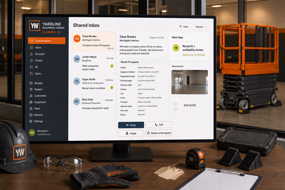 Yardline Equipment Works response system showing the customer journey and the team's next action