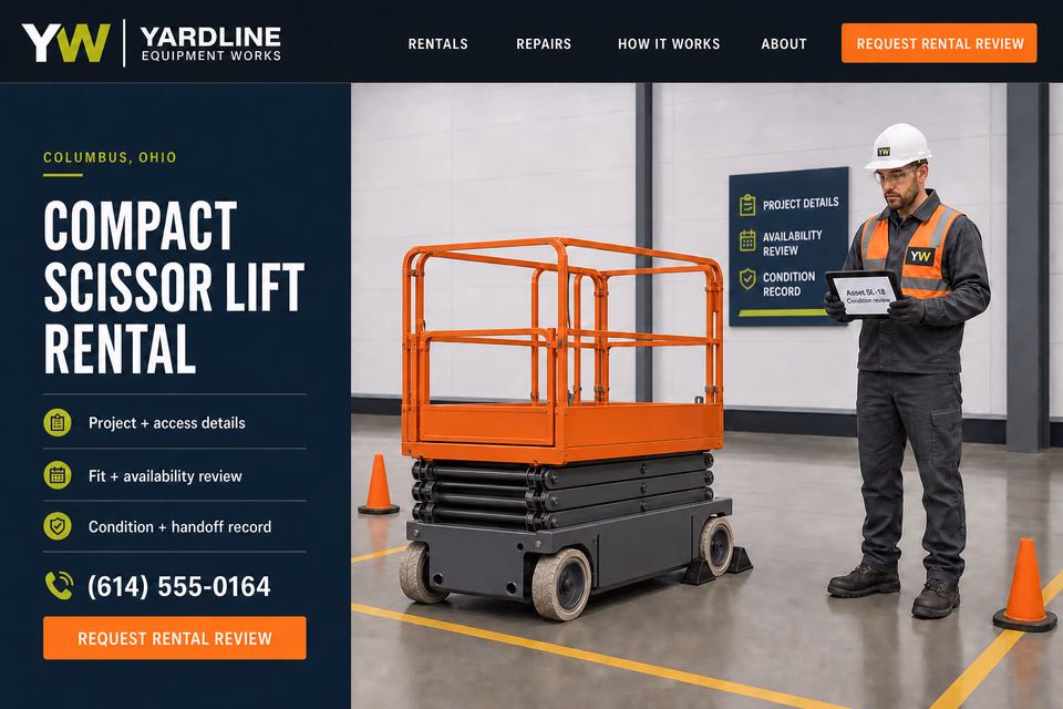 Yardline Equipment Works customer-facing service page with clear local service details, proof, and a direct request path