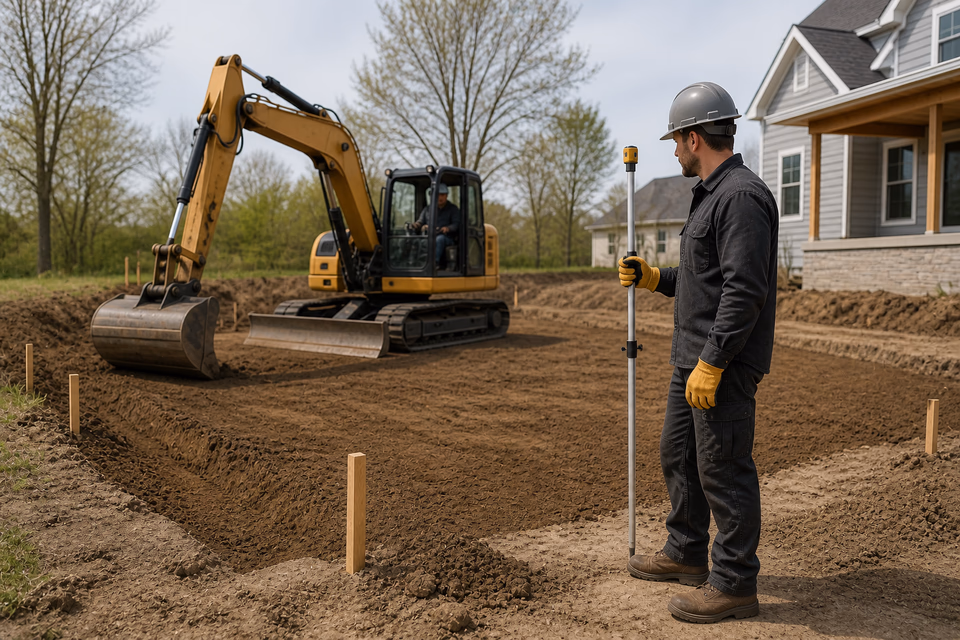 Excavation worker checking a newly graded slope beside a tracked excavator.