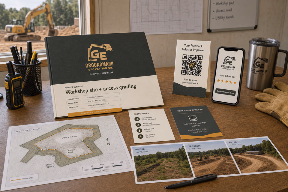 Groundmark Excavation Co. retention system showing the customer journey and the team's next action