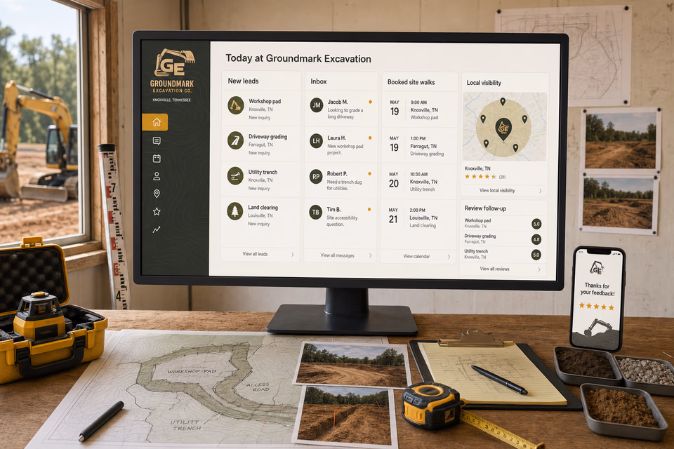 Groundmark Excavation Co. operations dashboard with current leads, scheduling, service activity, local visibility, and customer reviews