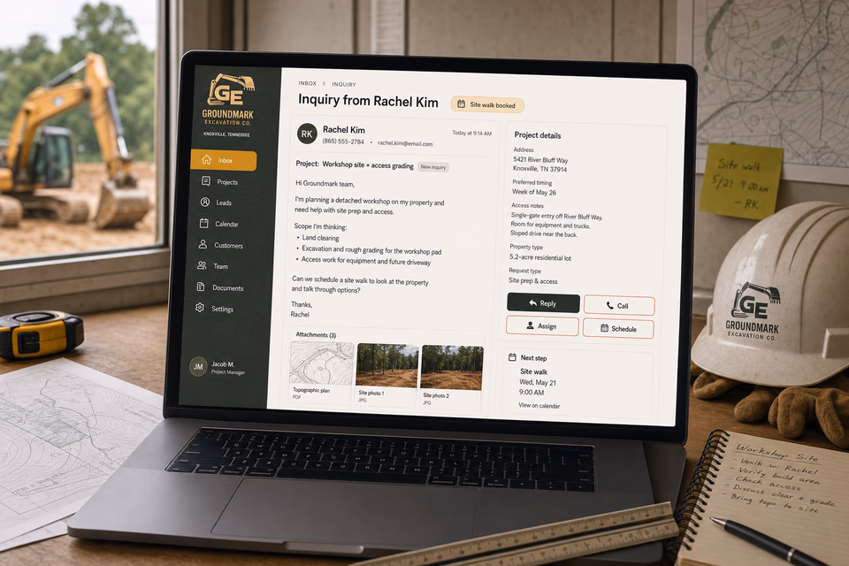 Groundmark Excavation Co. response system showing the customer journey and the team's next action