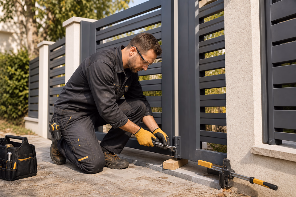 Gate installer adjusting a clamped steel gate hinge in a residential yard.