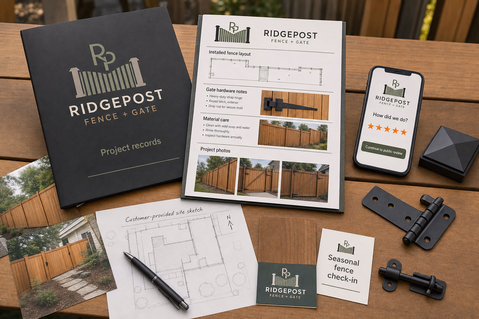 Ridgepost Fence + Gate retention system showing the customer journey and the team's next action