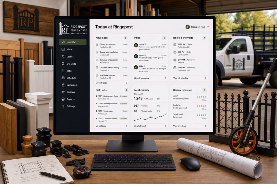 Ridgepost Fence + Gate operations dashboard with current leads, scheduling, service activity, local visibility, and customer reviews