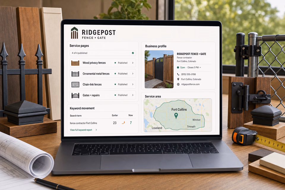 Ridgepost Fence + Gate visibility system showing the customer journey and the team's next action